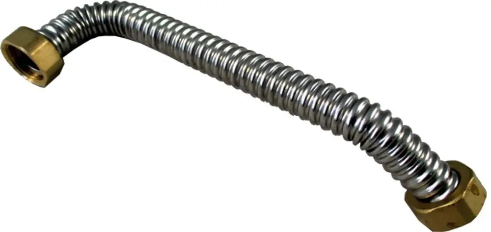 Flexibler Metallrohr mit zwei Messinggewinden an den Enden, geeignet für die Verbindung in Heizsystemen. Verwendung für Wolf-Geräte möglich.